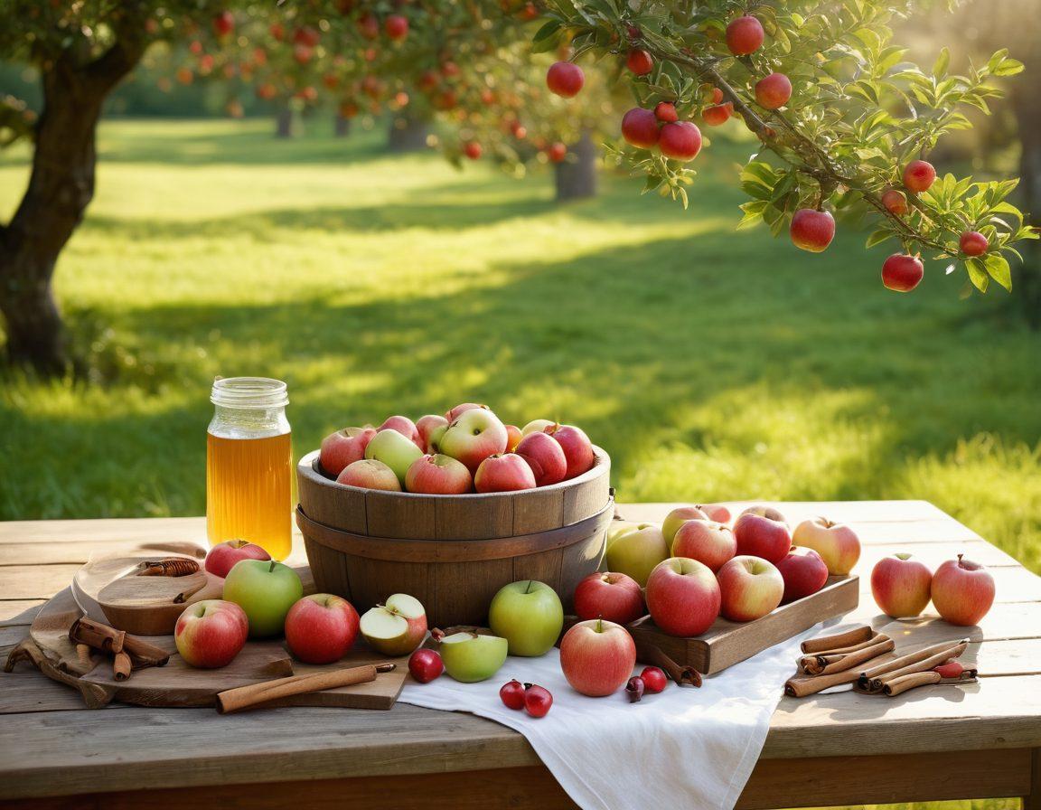 A rustic wooden table adorned with a variety of freshly harvested apples in different colors and sizes. Surrounding the table are vibrant ingredients like cinnamon sticks, honey, and greenery, hinting at wholesome recipes. Soft sunlight streams down, casting gentle shadows. In the background, a serene orchard setting with apple trees laden with ripe fruit. warm and inviting. super-realistic. vibrant colors.