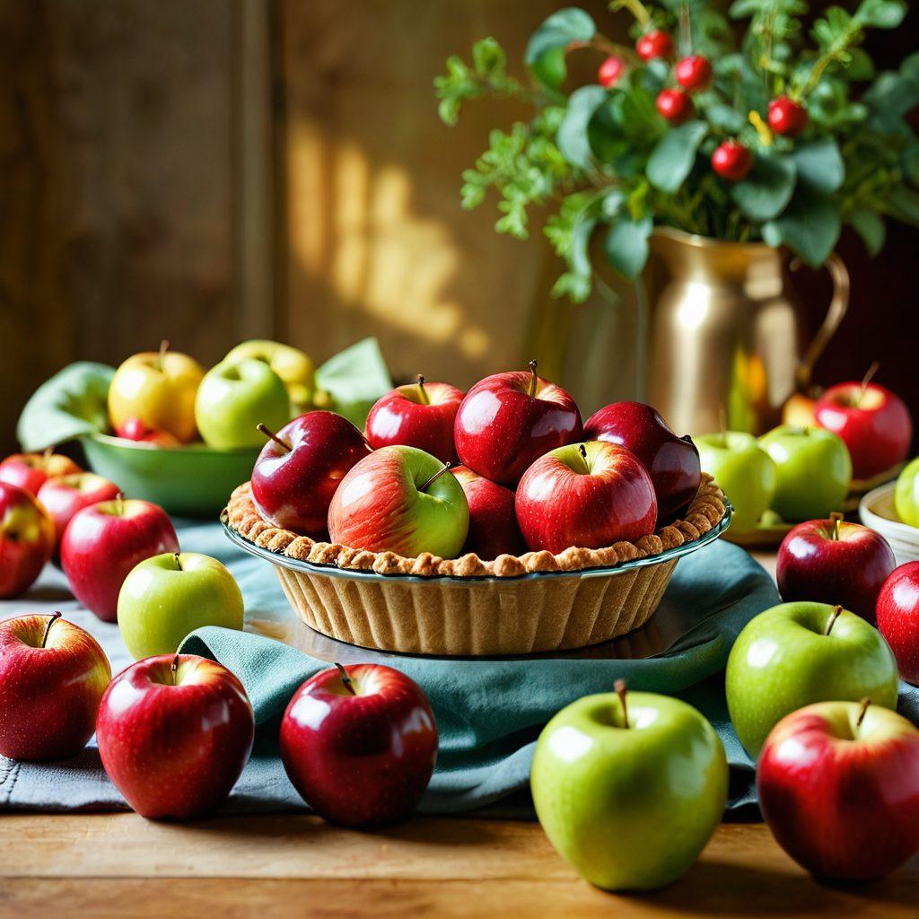 A vibrant still life featuring a variety of apples in different colors, arranged artfully alongside delicious apple-based recipes like apple pie and apple salad. Include elements showcasing health benefits, such as a measuring tape and a heart symbol in the background. The scene should evoke a sense of warmth and freshness, inviting viewers into the wholesome world of apples. super-realistic. vibrant colors. soft focus.